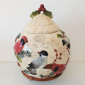 Sonoma Home Goods 3D Birds Ceramic Cookie Jar Cardinal Chickadee Berries